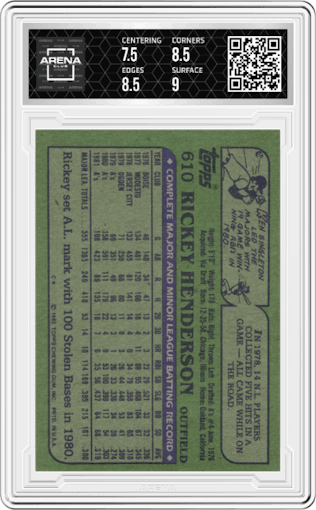 Rickey Henderson from the 1982 Topps set graded by Arena Club and given an overall grade of 8.