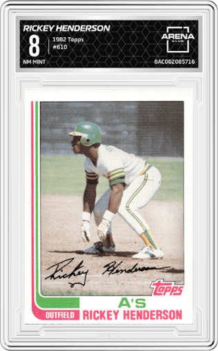 Rickey Henderson from the 1982 Topps set graded by Arena Club and given an overall grade of 8.