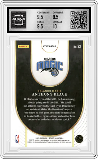 Anthony Black from the 2023-24 Panini Select  set featuring a Green Prizm parallel graded by Arena Club and given an overall grade of 10.
