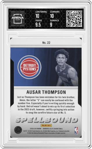 Ausar Thompson from the 2023-24 Panini Donruss Elite set featuring a Die-Cut Orange parallel graded by Arena Club and given an overall grade of 9.5.