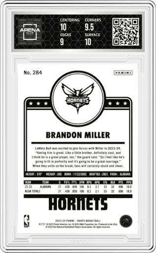 Brandon Miller from the 2023-24 Panini NBA Hoops set featuring a Purple parallel graded by Arena Club and given an overall grade of 9.5.