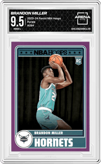 Brandon Miller from the 2023-24 Panini NBA Hoops set featuring a Purple parallel graded by Arena Club and given an overall grade of 9.5.