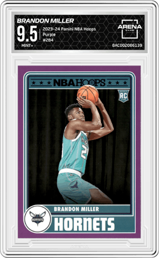 Brandon Miller from the 2023-24 Panini NBA Hoops set featuring a Purple parallel graded by Arena Club and given an overall grade of 9.5.