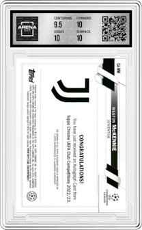 Weston McKennie from the 2022-23 Topps Chrome UEFA Club Competitions set graded by Arena Club and given an overall grade of 10.