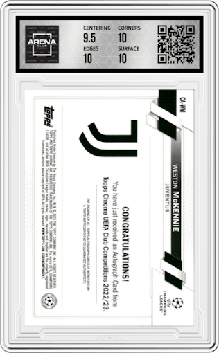 Weston McKennie from the 2022-23 Topps Chrome UEFA Club Competitions set graded by Arena Club and given an overall grade of 10.