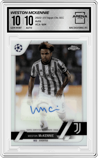 Weston McKennie from the 2022-23 Topps Chrome UEFA Club Competitions set graded by Arena Club and given an overall grade of 10.