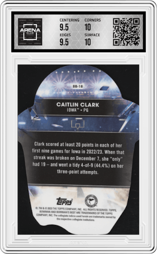 Caitlin Clark from the 2022-23 Bowman University Best set graded by Arena Club and given an overall grade of 10.