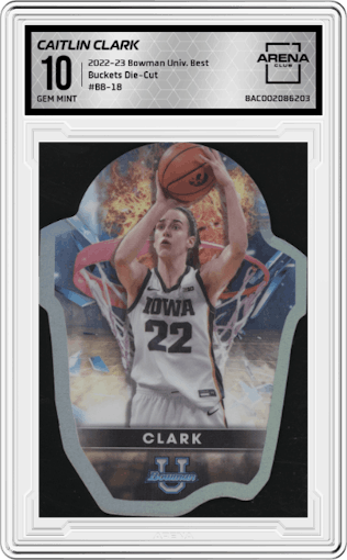 Caitlin Clark from the 2022-23 Bowman University Best set graded by Arena Club and given an overall grade of 10.