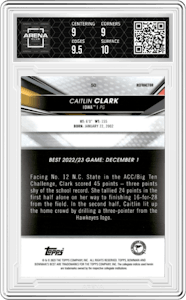 Caitlin Clark from the 2022-23 Bowman University Best set featuring a Refractor parallel graded by Arena Club and given an overall grade of 9.5.