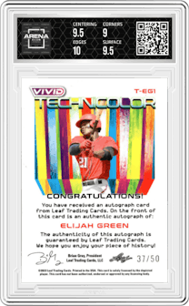 Elijah Green from the 2022 Leaf Vivid set graded by Arena Club and given an overall grade of 9.5.