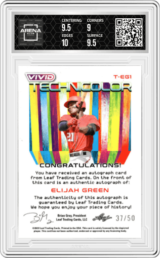 Elijah Green from the 2022 Leaf Vivid set graded by Arena Club and given an overall grade of 9.5.