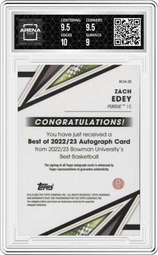 Zach Edey from the 2022-23 Bowman University Best set graded by Arena Club and given an overall grade of 9.5.