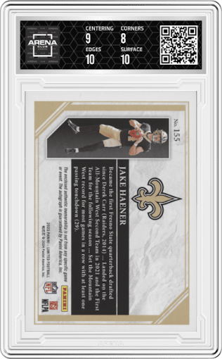 Jake Haener from the 2023 Panini Limited set featuring a Silver Spotlight parallel graded by Arena Club and given an overall grade of 8.5.
