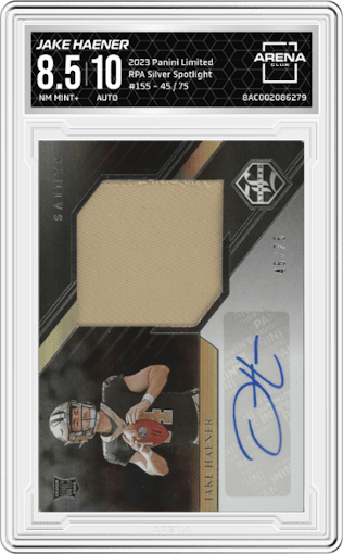 Jake Haener from the 2023 Panini Limited set featuring a Silver Spotlight parallel graded by Arena Club and given an overall grade of 8.5.