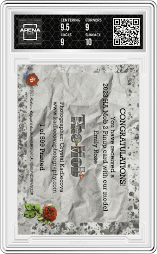 Emily Rose from the 2023 Historic Autograph The Mob 2 set graded by Arena Club and given an overall grade of 9.5.