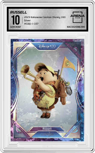 Russell from the 2023 Kakawow Cosmos Disney 100 set featuring a Silver parallel graded by Arena Club and given an overall grade of 10.