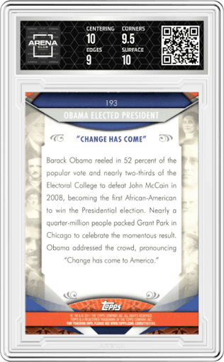 Barack Obama from the 2011 Topps American Pie set graded by Arena Club and given an overall grade of 9.5.