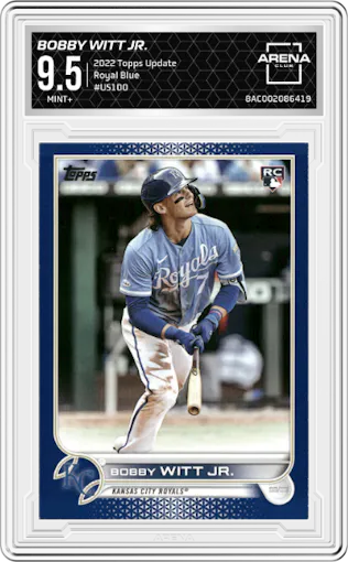 Bobby Witt Jr. from the 2022 Topps Update  set featuring a Royal Blue parallel graded by Arena Club and given an overall grade of 9.5.