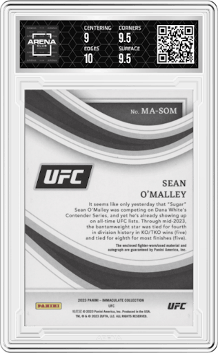 Sean O'Malley from the 2023 Panini Immaculate Collection set featuring a Acetate parallel graded by Arena Club and given an overall grade of 9.5.