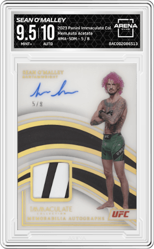 Sean O'Malley from the 2023 Panini Immaculate Collection set featuring a Acetate parallel graded by Arena Club and given an overall grade of 9.5.