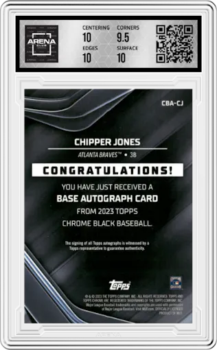 Chipper Jones from the 2023 Topps Chrome Black set graded by Arena Club and given an overall grade of 10.