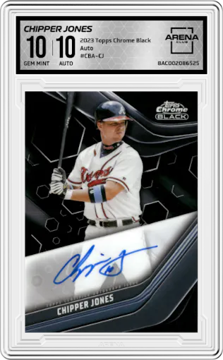 Chipper Jones from the 2023 Topps Chrome Black set graded by Arena Club and given an overall grade of 10.