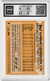 Gunnar Henderson from the 2023 Topps Silver Pack set graded by Arena Club and given an overall grade of 10.