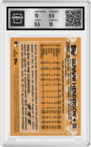 Gunnar Henderson from the 2023 Topps Silver Pack set graded by Arena Club and given an overall grade of 10.