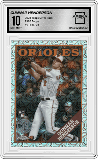 Gunnar Henderson from the 2023 Topps Silver Pack set graded by Arena Club and given an overall grade of 10.