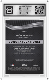 Shota Imanaga from the  2024 Topps Chrome Black set featuring a Gold Refractor parallel graded by Arena Club and given an overall grade of 10.