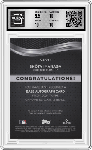 Shota Imanaga from the  2024 Topps Chrome Black set featuring a Gold Refractor parallel graded by Arena Club and given an overall grade of 10.