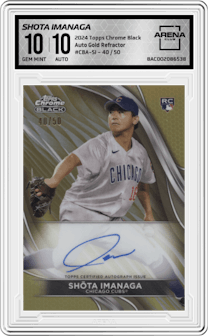 Shota Imanaga from the  2024 Topps Chrome Black set featuring a Gold Refractor parallel graded by Arena Club and given an overall grade of 10.
