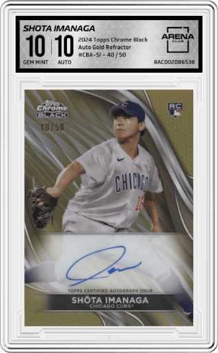 Shota Imanaga from the  2024 Topps Chrome Black set featuring a Gold Refractor parallel graded by Arena Club and given an overall grade of 10.
