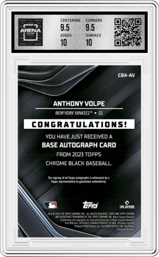 Anthony Volpe from the 2023 Topps Chrome Black set featuring a Gold Mini-Diamond Refractor parallel graded by Arena Club and given an overall grade of 10.