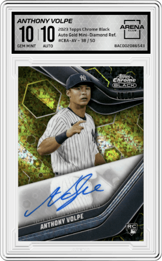 Anthony Volpe from the 2023 Topps Chrome Black set featuring a Gold Mini-Diamond Refractor parallel graded by Arena Club and given an overall grade of 10.