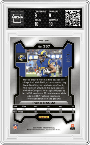 Puka Nacua  from the 2023 Panini Prizm set featuring a Purple Power parallel graded by Arena Club and given an overall grade of 9.5.