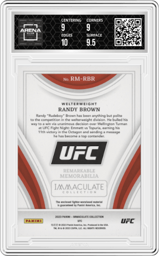 Randy Brown from the 2023 Panini Immaculate Collection set graded by Arena Club and given an overall grade of 9.5.