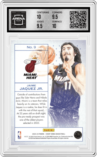 Jaime Jaquez Jr. from the 2023-24 Panini Court Kings set graded by Arena Club and given an overall grade of 10.
