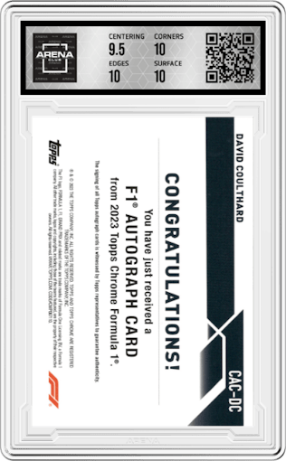 David Coulthard from the 2023 Topps Chrome Formula 1 set featuring a Orange Refractor parallel graded by Arena Club and given an overall grade of 10.