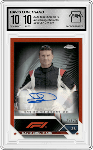 David Coulthard from the 2023 Topps Chrome Formula 1 set featuring a Orange Refractor parallel graded by Arena Club and given an overall grade of 10.