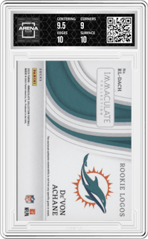 De'Von Achane from the 2023 Panini Immaculate Collection  set featuring a Socks parallel graded by Arena Club and given an overall grade of 9.5.