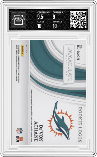 De'Von Achane from the 2023 Panini Immaculate Collection  set featuring a Socks parallel graded by Arena Club and given an overall grade of 9.5.