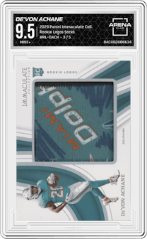 De'Von Achane from the 2023 Panini Immaculate Collection  set featuring a Socks parallel graded by Arena Club and given an overall grade of 9.5.