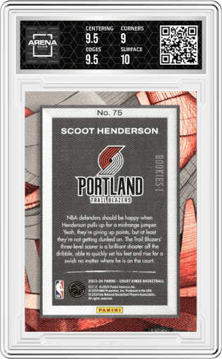 Scoot Henderson from the 2023-24 Panini Court Kings set graded by Arena Club and given an overall grade of 9.5.