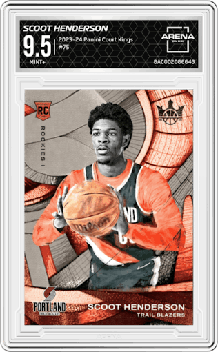 Scoot Henderson from the 2023-24 Panini Court Kings set graded by Arena Club and given an overall grade of 9.5.