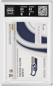 Jaxon Smith-Njigba from the 2023 Panini Immaculate Collection  set featuring a Gloves Brand Logo parallel graded by Arena Club and given an overall grade of 9.