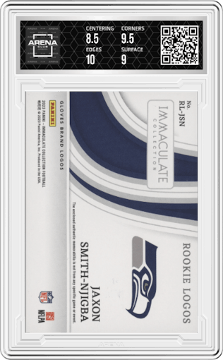 Jaxon Smith-Njigba from the 2023 Panini Immaculate Collection  set featuring a Gloves Brand Logo parallel graded by Arena Club and given an overall grade of 9.