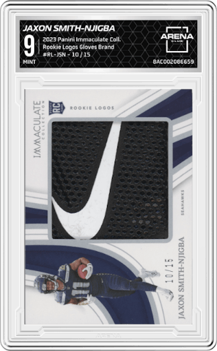 Jaxon Smith-Njigba from the 2023 Panini Immaculate Collection  set featuring a Gloves Brand Logo parallel graded by Arena Club and given an overall grade of 9.
