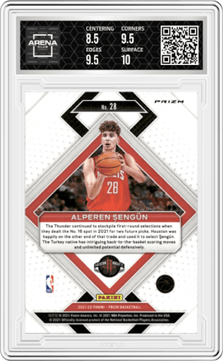 Alperen Sengun from the 2021-22 Panini Prizm  set featuring a Silver Prizm parallel graded by Arena Club and given an overall grade of 9.