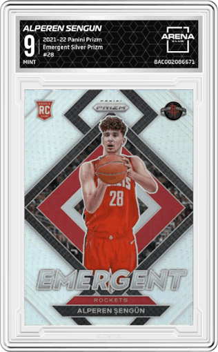 Alperen Sengun from the 2021-22 Panini Prizm  set featuring a Silver Prizm parallel graded by Arena Club and given an overall grade of 9.